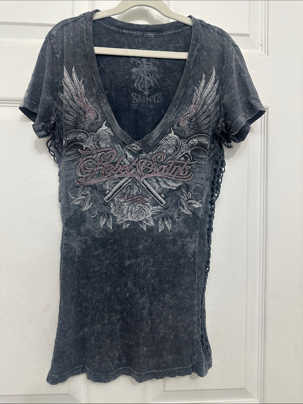 Rebel Saints Women's Washed Black Graphic V-Neck Tee